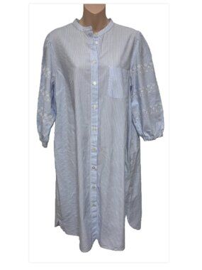Loft Blue & White Striped Shirt Dress L 3/4 Sleeve Embroidered Button Front